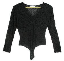ASTR Womens Pullover V-Neck Bodysuit Leopard Print Long Sleeve Size L Black