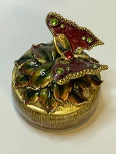 Enamel Vintage Butterfly Flower Trinket Hinged Box with Rhinestones Keepsakes