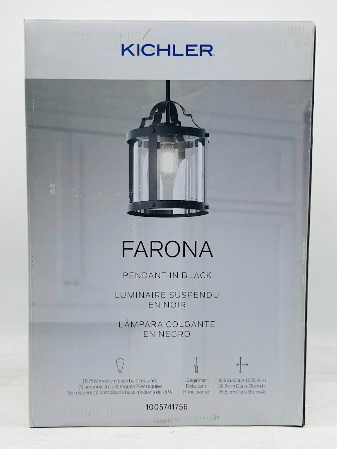 KICHLER Farona 10.5 in. 1-Light Black Farmhouse Pendant Light Clear Glass