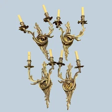 Set of 4 Gilt Bronze Louis XV Rococo Style French Two-Light Sconces Wall Candles
