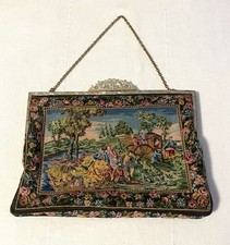 Vtg Petit Point Tapestry Handbag Purse Courting Scene Roses Chain Antique Mirror