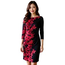 Lauren Ralph Lauren Black Red Floral Ruched Sheath Dress Long Sleeve Size 10