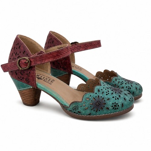 Pretty L'Artiste Spring Step Parchetta Blum Blue Multi Leather Heels Shoes-sz 9