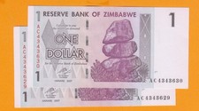 2x ZIMBABWE  1 DOLLAR 2007 P-65 uncirculated consecutive pair