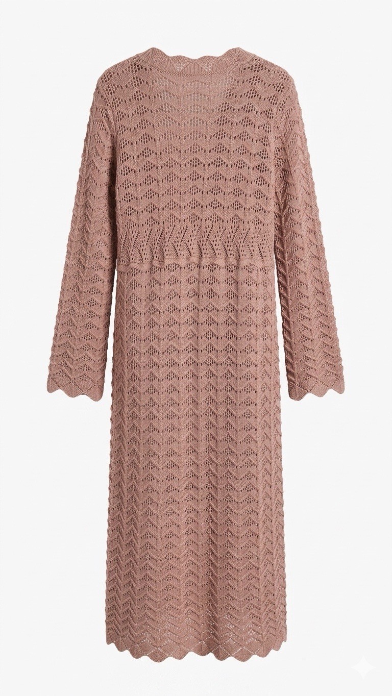 Miss Morandi Knit Brown Chevron Crochet Midi Sweater Dress Long Sleeve L