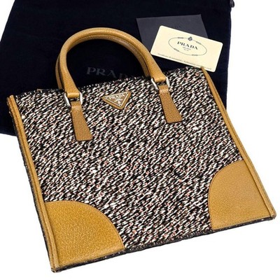 PRADA tweed × leather tote bag Prada Tweed Tote Tweed Leather Handbag Tote Bag From Japan | eBay