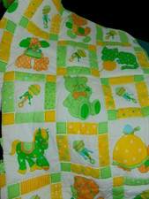 Vintage Baby Toddler Quilt Blanket with Yellow and Green Puppy Kitty