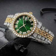 Hip Hop Iced Watch Two Tone Rapper Bling Simulated Diamond Green Dial Luxury