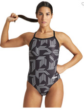 Arena Women's Puzzled Light Drop Back One Piece Swimsuit 26 Black/Silver Fitted