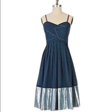 Rare! 2 Anthropologie Bian Cooton Silk Cobalt Blue & Metallic Dress