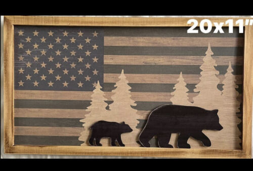 🇺🇸 BEAR trees FLAG  USA Wooden Sign 20x11 Man cave - Picture 1 of 2