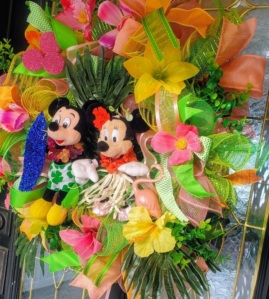 Corona de pared Mickey Minnie primavera verano puerta delantera 24 pulgadas decoración floral hecha a mano Foto 3 de 4