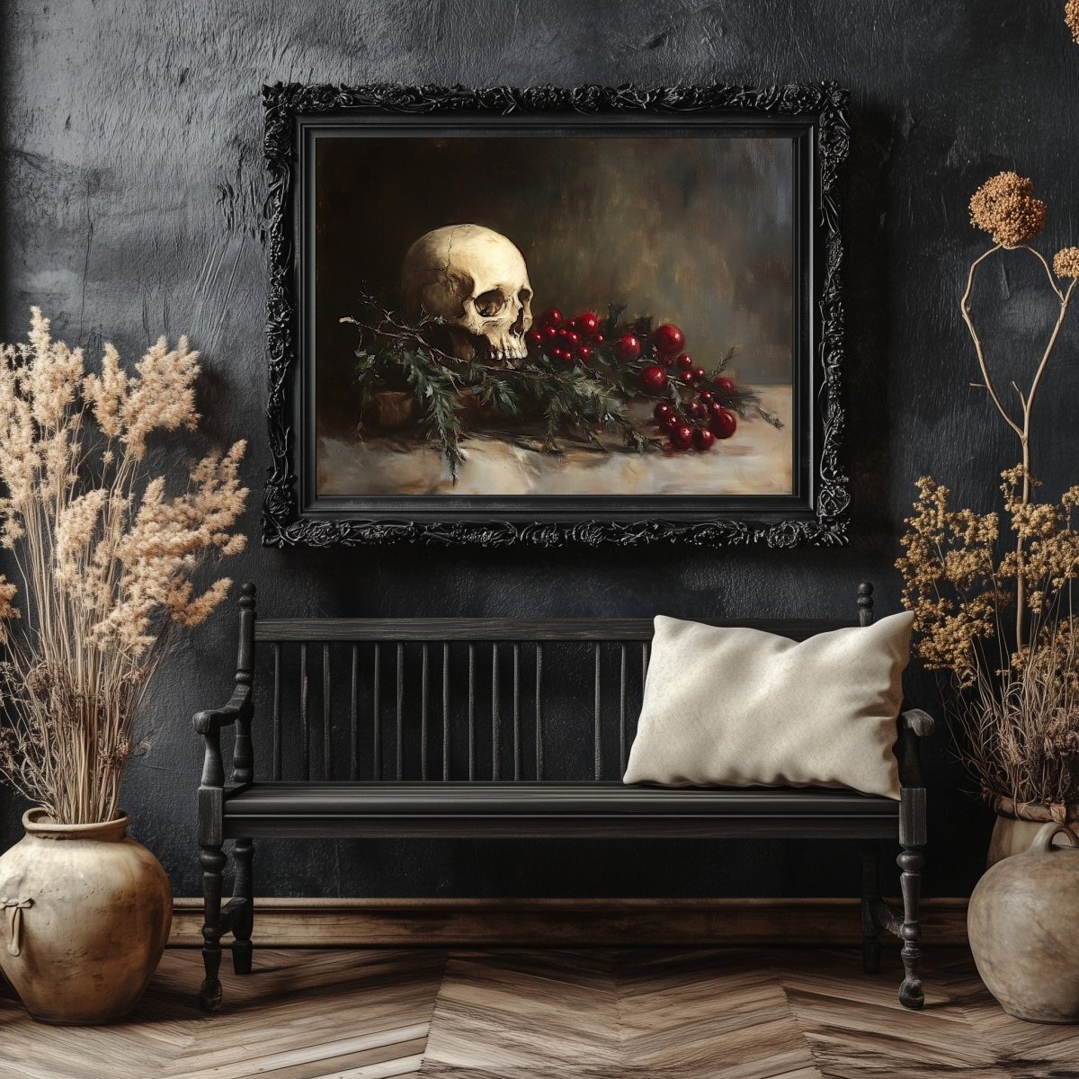 Memento Mori Skull with Evergreen and Berries - Gothic Holiday