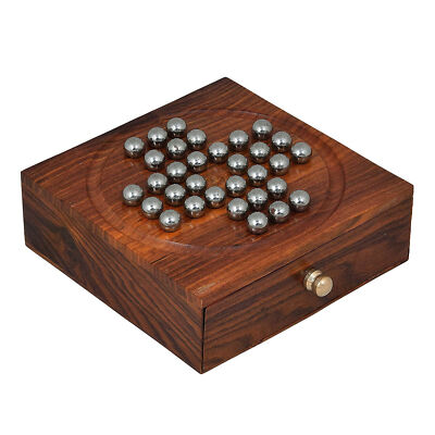 Wooden Handcrafted Solitaire Board Game Metal Balls Beads with Storage Drawer