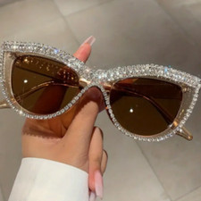 Rhinestone Cat Eye Sunglasses Luxury Bling Amber Brown Champagne Glamour UV400
