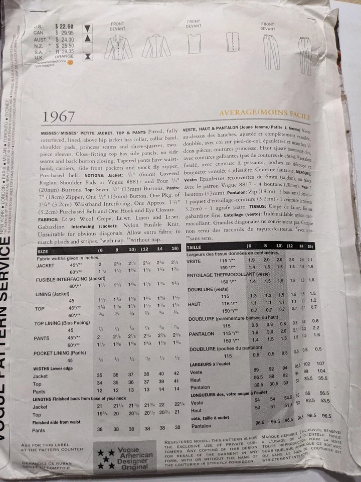 Vogue American Designer sewing pattern Calvin Klein 1967 jacket pants top - Image 2 of 4