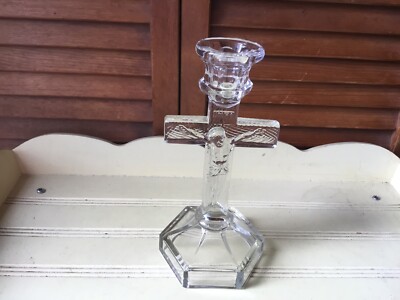 7'' PRESSED GLASS CANDLESTICK CORPUS OF CHRIST EASTER CATHOLIC HOME ALTER DISPLAY