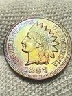 1897 Indian Head Cent Lustrous AU+ Gem High Grade Toned Blue & Red Hue