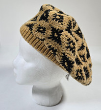 Vintage Knit Beret Beanie Wool Blend Hat Cap USA Made Beige Black 80s NWT