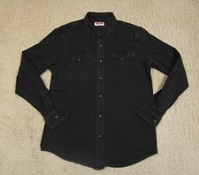 Wrangler Denim Shirt Men Medium Black Pearl Snap Western Dark Wash Faded Modern