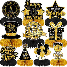 10 Pcs Black Gold Happy New Year 2026 Honeycomb Table Decorations Party Supplies