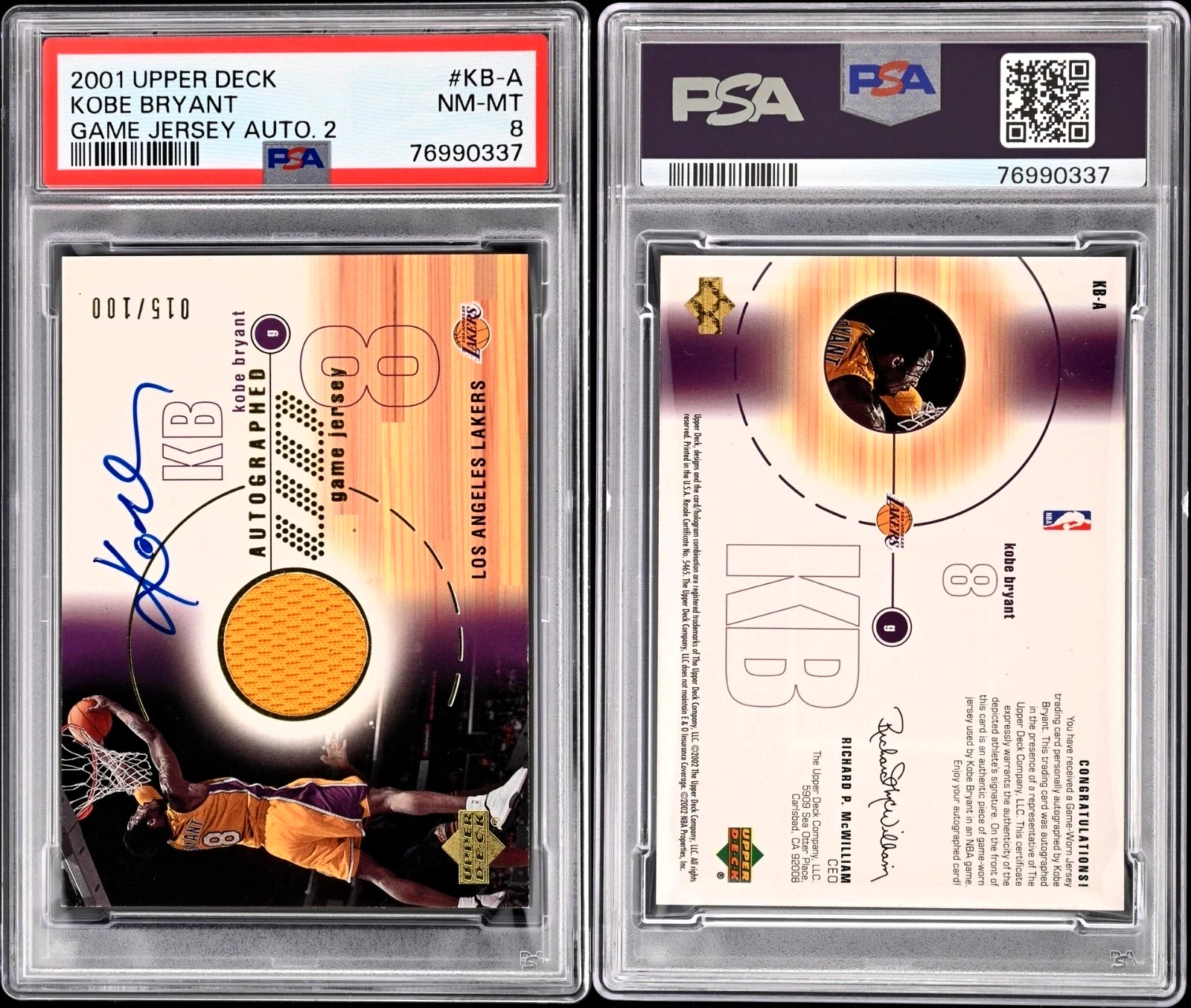 2001-02 Upper Deck KOBE BRYANT #KB-A Game Worn Jersey Patch Auto 2 #15/100 PSA 8 view 3