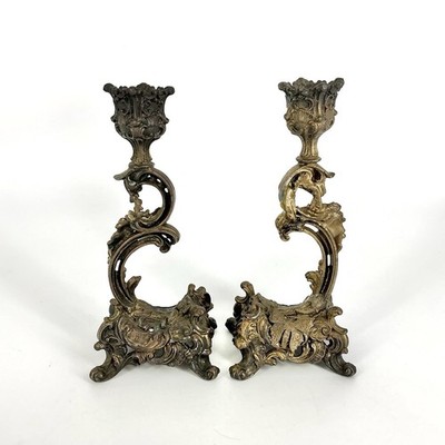 Pair Antique French Brass Candle Holders Ornate Rococo Revival Set Of 2