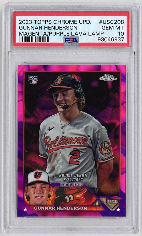 2023 TOPPS CHROME UPDATE GUNNAR HENDERSON MAGENTA PURPLE LAVA ROOKIE /299 PSA 10