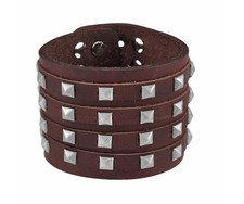 Zeckos Brown Leather 4 Row Pyramid Studded Wristband Bracelet