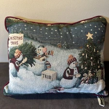 VTG Tapestry Christmas Throw Pillow Snowman Family Winter Decor 15"x11" EUC