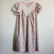 Vintage Prairie Nightie Pink Roses Adult M / L Cottagecore Cotton White Eyelet