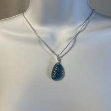 Hawaiian Jewelry Sea Glass Necklace, Teal Wire Wrapped .925 Silver Necklace