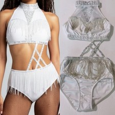 Glamour solo dance costume white fringe rhinestone embellished leotard XSA adult