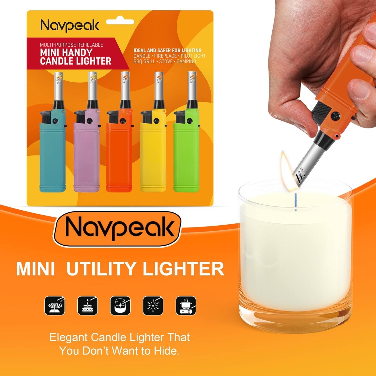 5-Pack Refillable Butane Long Neck Utility Lighters - Adjustable Flame Multi-Purpose Lighters