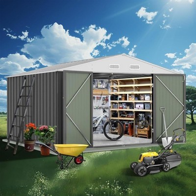  12X10FT Metal Outdoor Storage Shed Galvanized Steel Garden Tool Shed Lockable