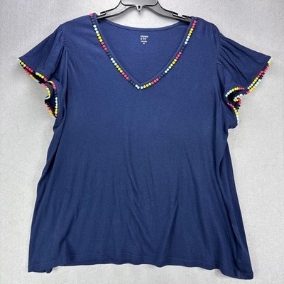 Crown & Ivy Top 3X Plus Navy Blue V-Neck Colorful Embroidered Polka Dot Trim
