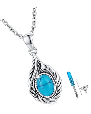 Urn Necklace for Ashes 925 Sterling Silver Turquoise Feather Drop