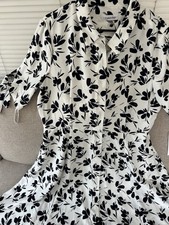 Calvin Klein White Black Floral Shirt Midi Dress Collared Button Roll Tab 16
