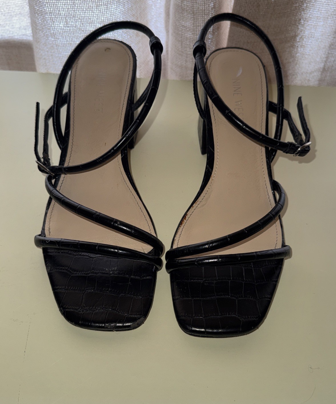 Nine West Women Black Croc Embossed Block Heel Sandals Square Toe Strappy 8.5M