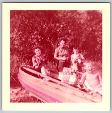 Vtg Color Snapshot Family In Boat Laughing Picnic 1960s