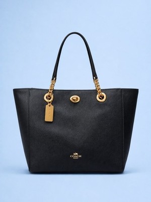 バッグ Coach Signature Legacy Tote Bag turnlock NWT COACH Turnlock Black Pebbled Leather Chain Tote Bag | eBay