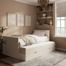Image of Single Cream Wooden Guest Bed with Storage and Trundle - Sander SND003