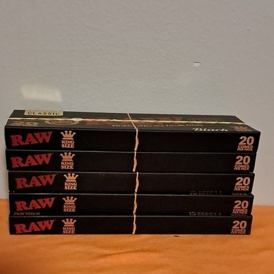 RAW King Size Classic Black Rolling Paper Cones - 20 Cones per Pack
