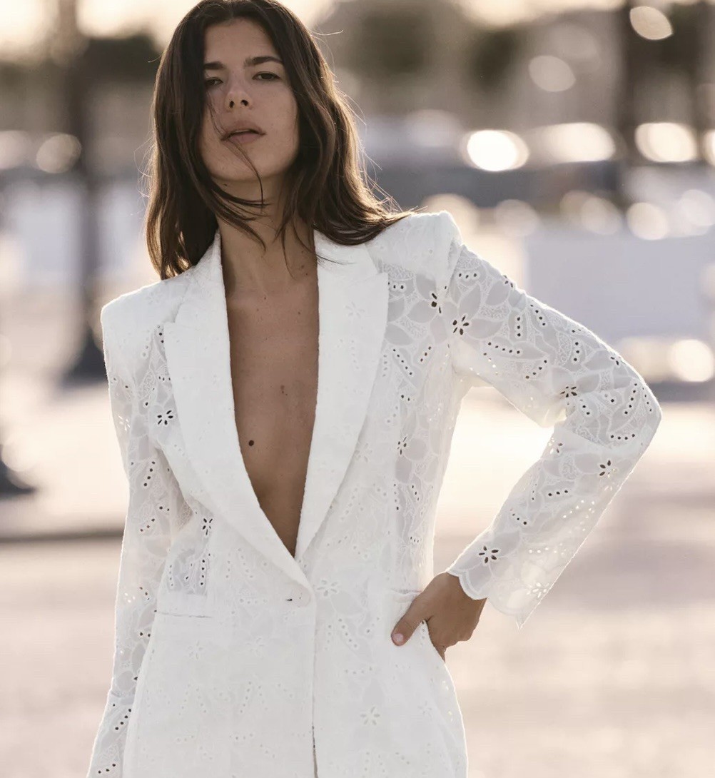 NWT ZARA SZ L WOMAN SS24 EMBROIDERED EYELET BLAZER OYSTER-WHITE