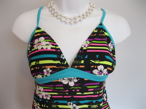 Black Neon Tankini Jrs SIZE M Medium 2PC TANKINI SWIMSUIT Racer Back TOP BOTTOM - Picture 2 of 11