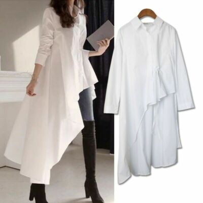 Lady Shirts Dress Tunic Asymmetric Elastic Waist White Black Long Sleeve  Fashion | eBay