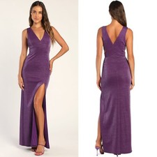 NEW LULUS Ready to Stun SHINY PURPLE Cutout Lurex MAXI DRESS Metallic GOWN XS