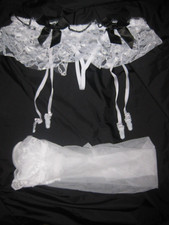 Ruffle lace w/bows garter belt w/built in g-string  lace top thigh highs white