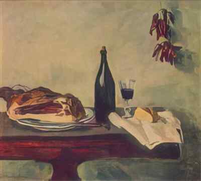 Pjotr Konchalowski A4 Foto Stillleben Brot Schinken und Wein 1948