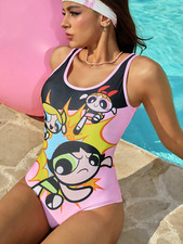Women's Powerpuff Girls Pink Kawaii Cute Swimwear Cheeky One Piece Swim Set